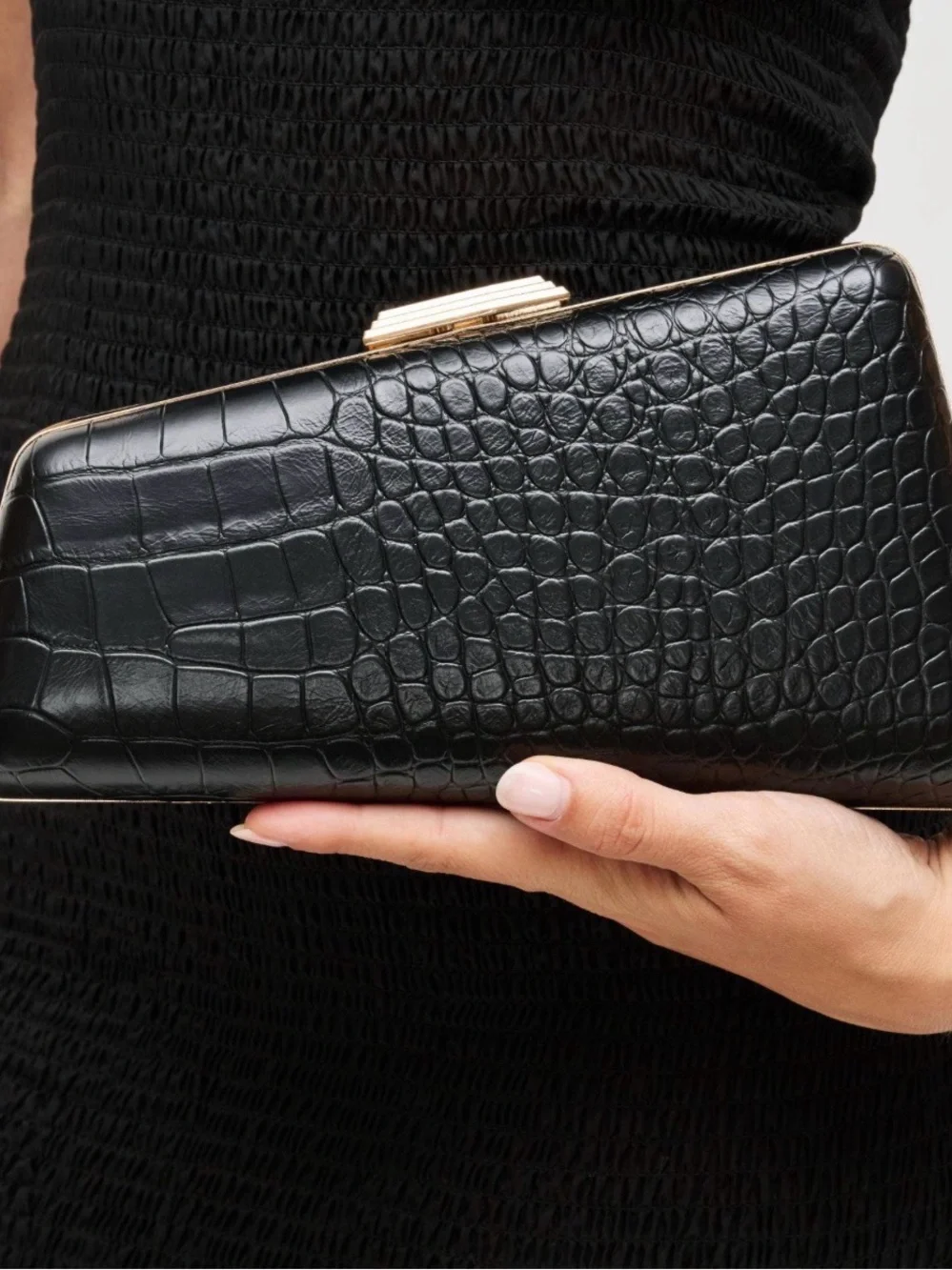 Urban Expressions Black Croc-Embossed Clutch with Gold Chain